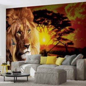 Posters Fototapeta Lion Sunset Africa Nature Tree 152.5x104 cm - 130g/m2 Vlies Non-Woven - Posters